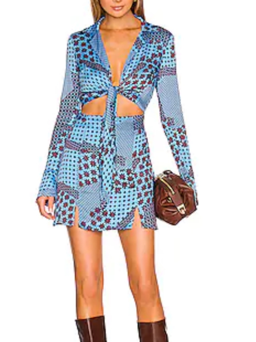 Free People Blue Patterned Tie-Front Mini Dress, stunning for Fall